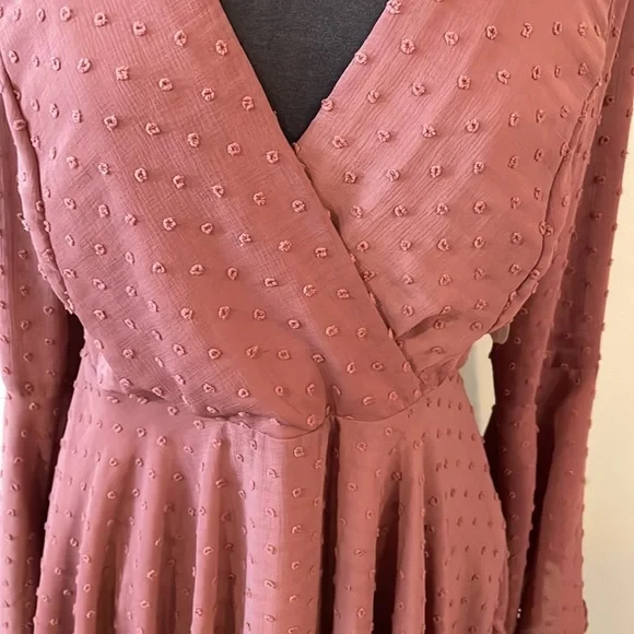 Altar’d State “Gigi” Dress. Chiffon Dots Sheath Dress W/Bell sleeves. Berry - Picture 3 of 12